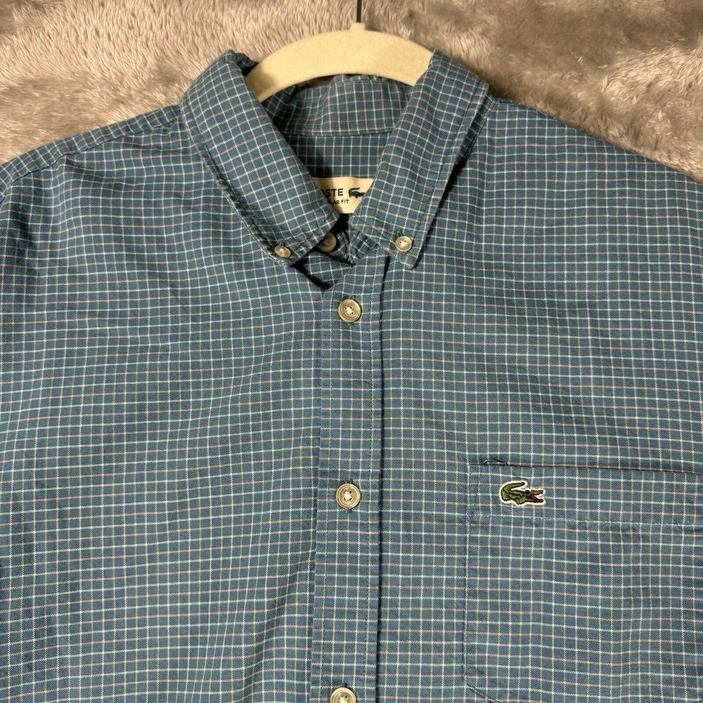 Lacoste Blue Plaid Button Down Shirt Mens Medium Cotton Oxford Preppy
